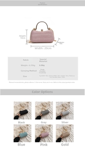 Size guide for evening clutch bags showing 20x10x7cm dimensions and six color options