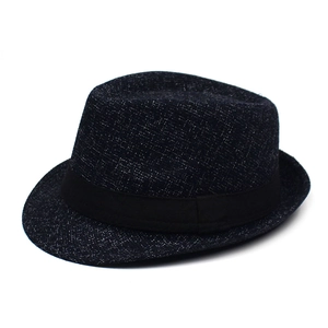 Classic navy blue fedora with reflective texture and black decorative band on white background