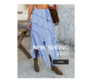 Detail view of light blue tiered ruffle skirt with drawstring waist in bohemian style