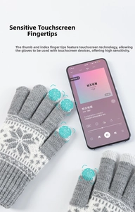 Detail of grey winter knit gloves with snowflake pattern and touch screen fingertips