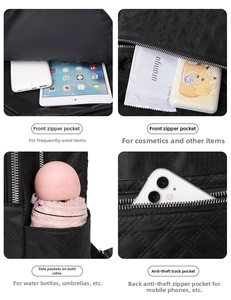 Detalle de mochila acolchada negra con múltiples bolsillos y cremallera antirrobo trasera