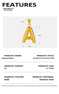 Detail of gold chubby letter A pendant with size dimensions and stainless steel material info