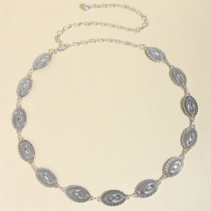 Vintage silver geometric carved chain waist belt with oval engraved metal links for women