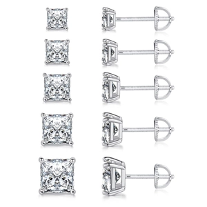 Square zircon stud earring set in silver finish with five different size variations