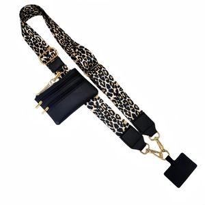 Detail view of leopard print crossbody phone strap with a black zippered mini coin purse