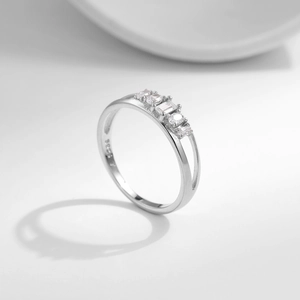 Minimalist S925 sterling silver double-layer ring with rectangular and round gemstones
