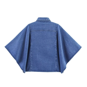 Damen Denim Kimono-Jacke in Dunkelblau aus Baumwolle mit weiten Ärmeln und Reverskragen