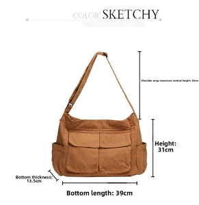 Caramel canvas messenger bag details showing 39cm length and 31cm height dimensions