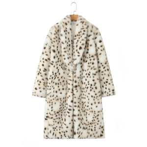 Detail shot of the long-sleeved faux fur leopard print coat featuring a soft fluffy texture