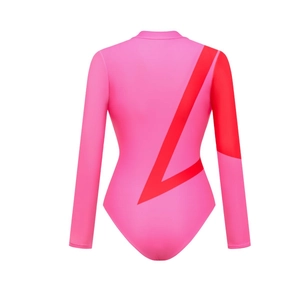 Detailed back view of a pink long-sleeved one-piece swimsuit with red lightning patterns