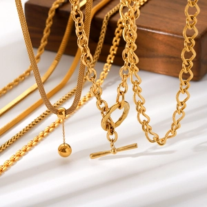 Layered gold stainless steel chain necklaces with OT toggle clasp and bead pendant