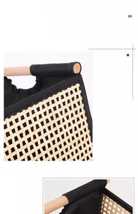 Detailed macro view of hand-woven wood chip storage basket with black fabric lining