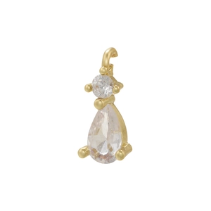 Detailed close-up of a 18K gold teardrop pendant with micro-inset crystals and round gemstone