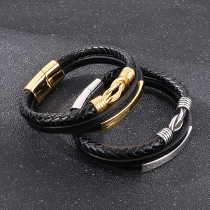 Bracelet multicouche en cuir tressé pour hommes avec fermoir magnétique en or et argent