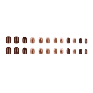 Short round press-on nails in coffee gradient with gold foil and 24 pieces set