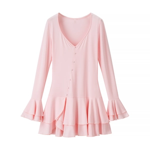 Pink sweet style knitted dress with flared sleeves, V-neck, and ruffle layered hemline
