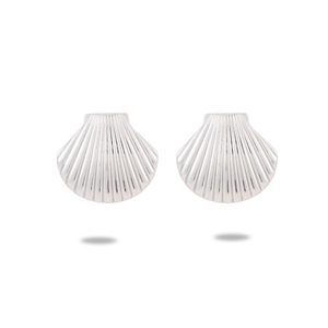 Macro shot of silver scallop earrings with radiant texture and polished titanium finish