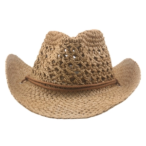 Chapeau De Cowboy Occidental Paille De Papier Ajouré Large Bord Protection Solaire Extérieur Été Plage Décontracté Hommes Femmes Mentonnière