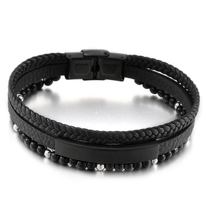 Multi-layer men's braided leather bracelet with stainless steel beads and magnetic buckle
