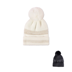 Winter Beanie Hat With Faux Fur Pom Pom Knit Acrylic Warm Fleece Lined Glitter Stripe Fashion Unisex Accessory