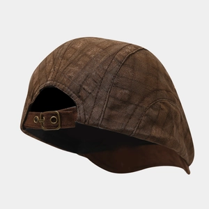 Retro brown flat cap with vintage textured plaid and adjustable bronze metal buckle