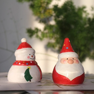 Detailed view of hand-painted wooden Santa and Snowman figurines for Christmas decor