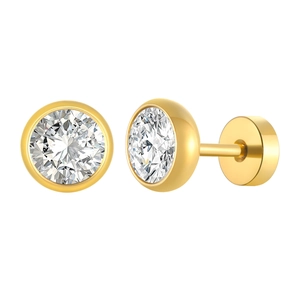 Titanium steel stud earrings featuring a single round zircon in a gold bezel setting