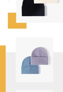 Detail showing four colors of knit beanies in black, cream, lavender, and blue