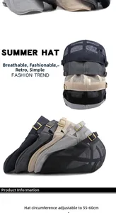 Close-up of four mesh beret hats with adjustable metal buckles in multiple colors