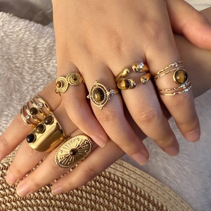 Vintage Bohemian Ring Stainless Steel Natural Tiger Eye Stone Adjustable Open Geometric Retro Jewelry For Women