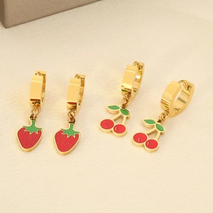 Stainless Steel Fruit Pendant Huggie Hoop Earrings Colorful Enamel Strawberry And Cherry Sweet Fashion Jewelry For Women