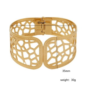 18k gold plated stainless steel wide cuff bracelet with geometric hollow grid design