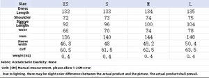 Detailed size chart for high neck satin midi dress including length and measurements