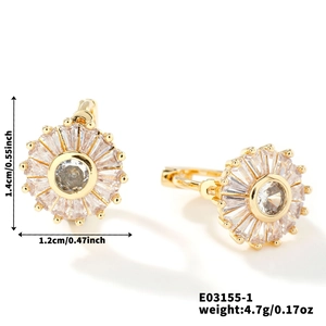 Detailed view of sunflower earrings with cubic zirconia and exact size measurements