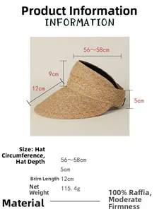 Detailed size chart for 100% raffia sun visor showing 12cm brim and 56-58cm circumference