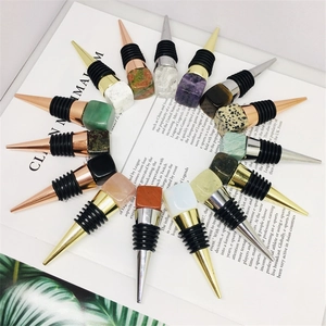 Set of natural crystal cube wine bottle stoppers with gold and silver metal bases