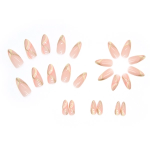 Almond shaped press-on nails with nude pink base, gold glitter, and wavy striped pattern