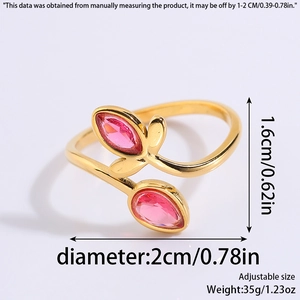 Macro shot of gold adjustable leaf ring with pink gems and detailed size measurements