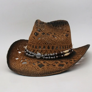 Western Stroh Cowboyhut Breite Krempe Durchbrochener Sonnenschutz Strand Sommer Ethnisch Perlenband Damen Herren
