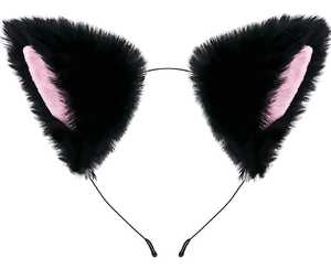 Close-up of black cat ear headband with pink inner faux fur detail for Halloween