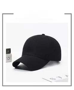 Close-up of premium black twill cotton baseball cap with classic six-panel structure
