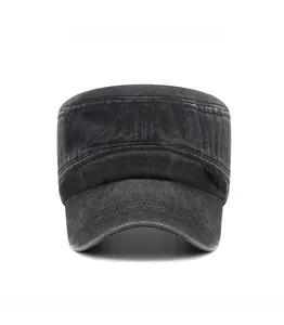 Front view of charcoal grey washed cotton military flat top cap with SPORT embroidery