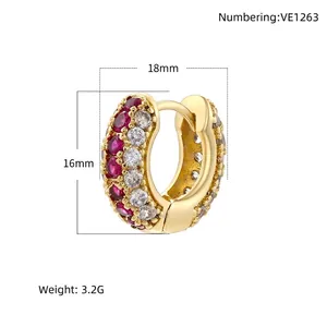 Luxury 18K gold plated hoop earrings with red and white crystal pavé setting