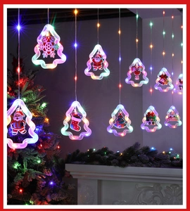 Colorful LED Christmas curtain lights with tree pendants featuring Santa and snowflake icons