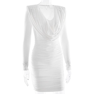 Close-up of white deep V-neck long sleeve bodycon dress with pleated ruching details