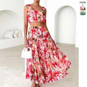 Crop Top Imprimé Floral Et Jupe Maxi À Étages Polyester Bohème Vacances Été Plage Pour Femmes