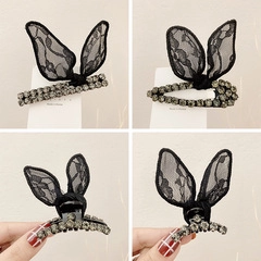 Detail of black lace rabbit ears hair clips with dark rhinestones in a 4-grid collage