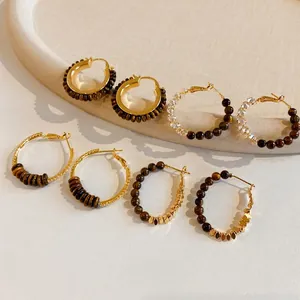 18k gold plated tiger eye earrings with vintage brown stone beads and sparkling crystals