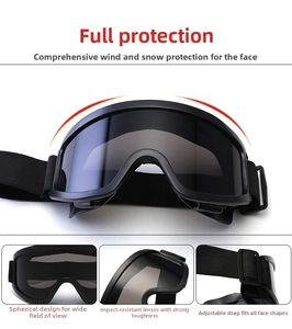 Detail view of spherical anti-impact ski goggles with adjustable elastic strap and wide vision