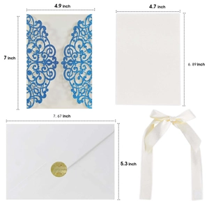Blue glitter laser-cut invitation set with dimensions for sleeves, inserts, and envelopes